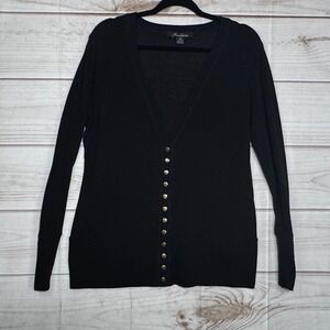 Hawthorne Black V-Neck Cardigan Sweater Gold Snap Front & Cuffs XL